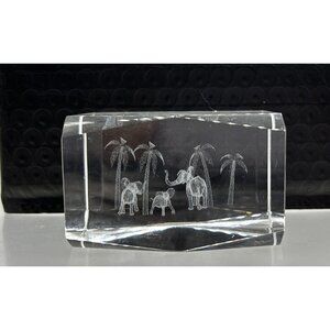 Elephants Palm Trees 3D Laser Etched Crystal Paperweight 3"x2"x2" Safari Decor